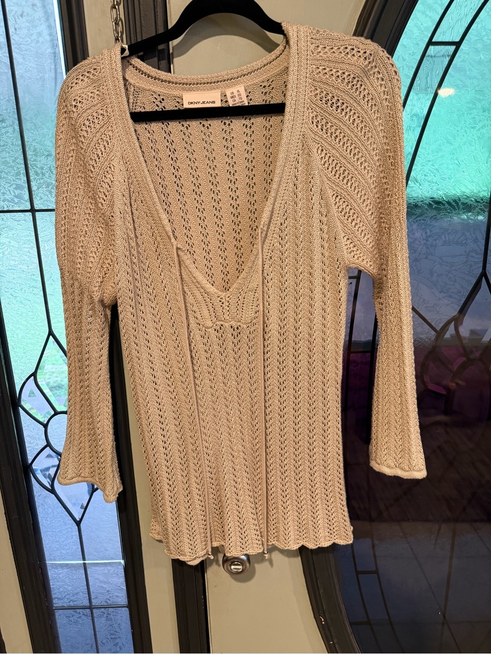 DKNY Open-Knit Cream V-Neck Pullover